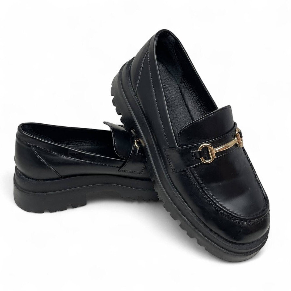 Y2K Chunky Faux Leather Lug Sole Loafers Gold Horsebit Platform Size 9